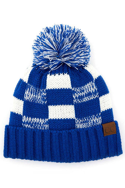 C.C Buffalo Check Team Color Beanie with Pom Winter Beanie