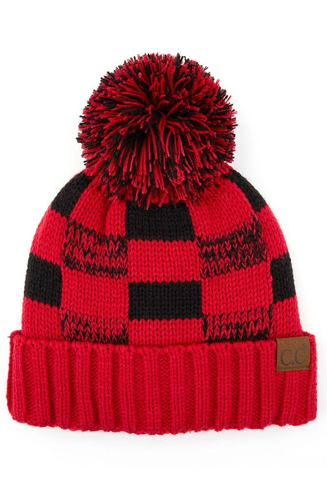 C.C Buffalo Check Team Color Beanie with Pom Winter Beanie