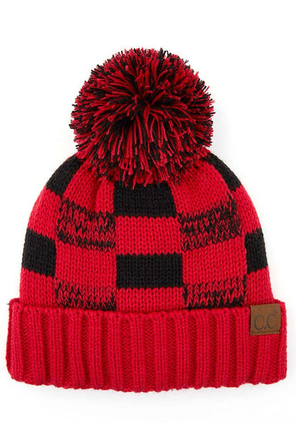 C.C Buffalo Check Team Color Beanie with Pom Winter Beanie