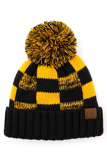 C.C Buffalo Check Team Color Beanie with Pom Winter Beanie