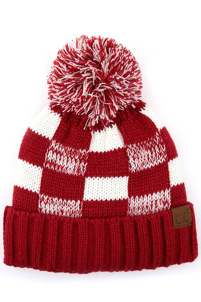 C.C Buffalo Check Team Color Beanie with Pom Winter Beanie
