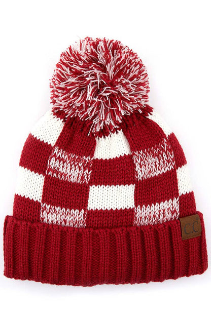 C.C Buffalo Check Team Color Beanie with Pom Winter Beanie