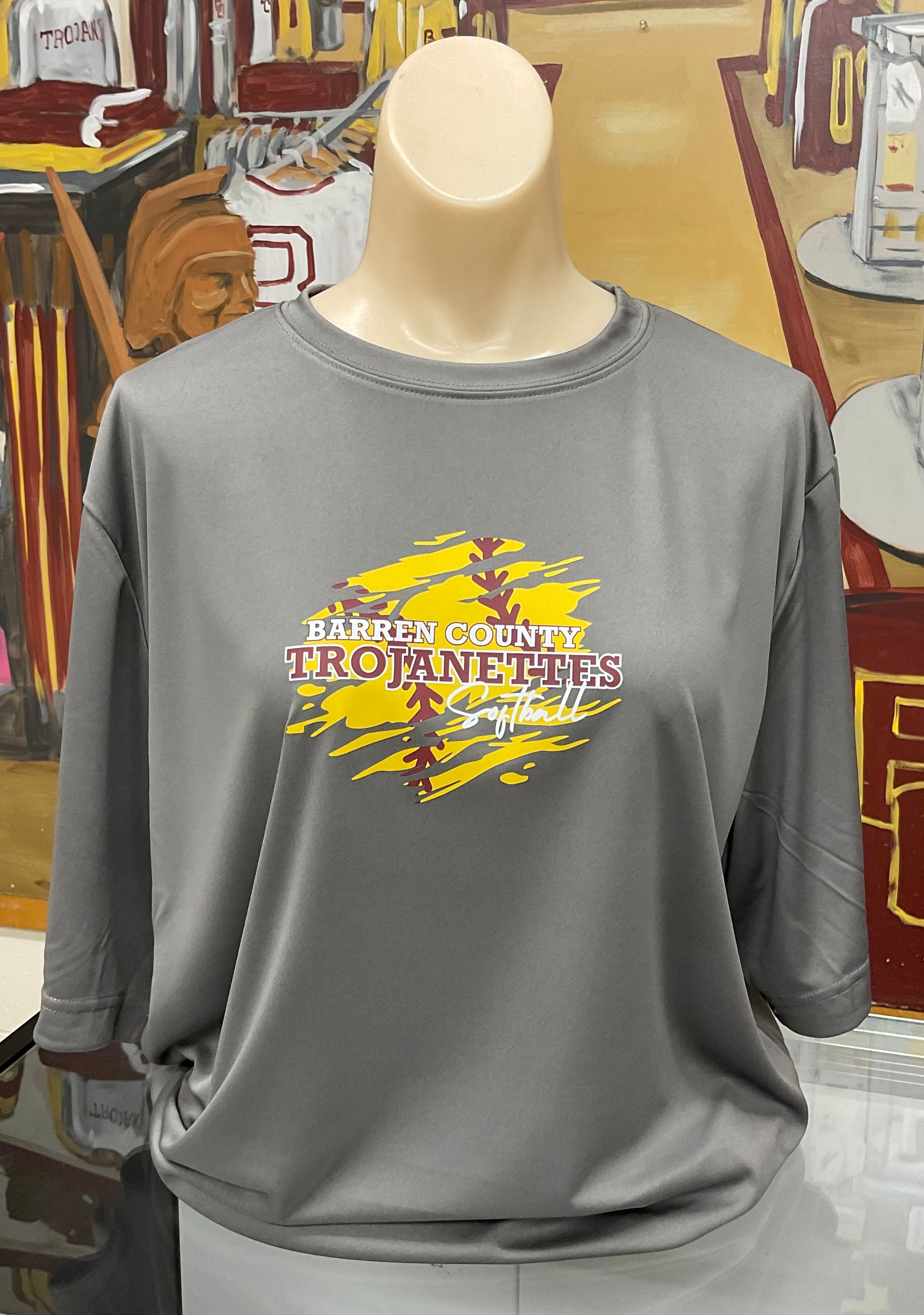 Softball Performance Tee Gray - The Trojan Store -100% Polyester Performance Tee 