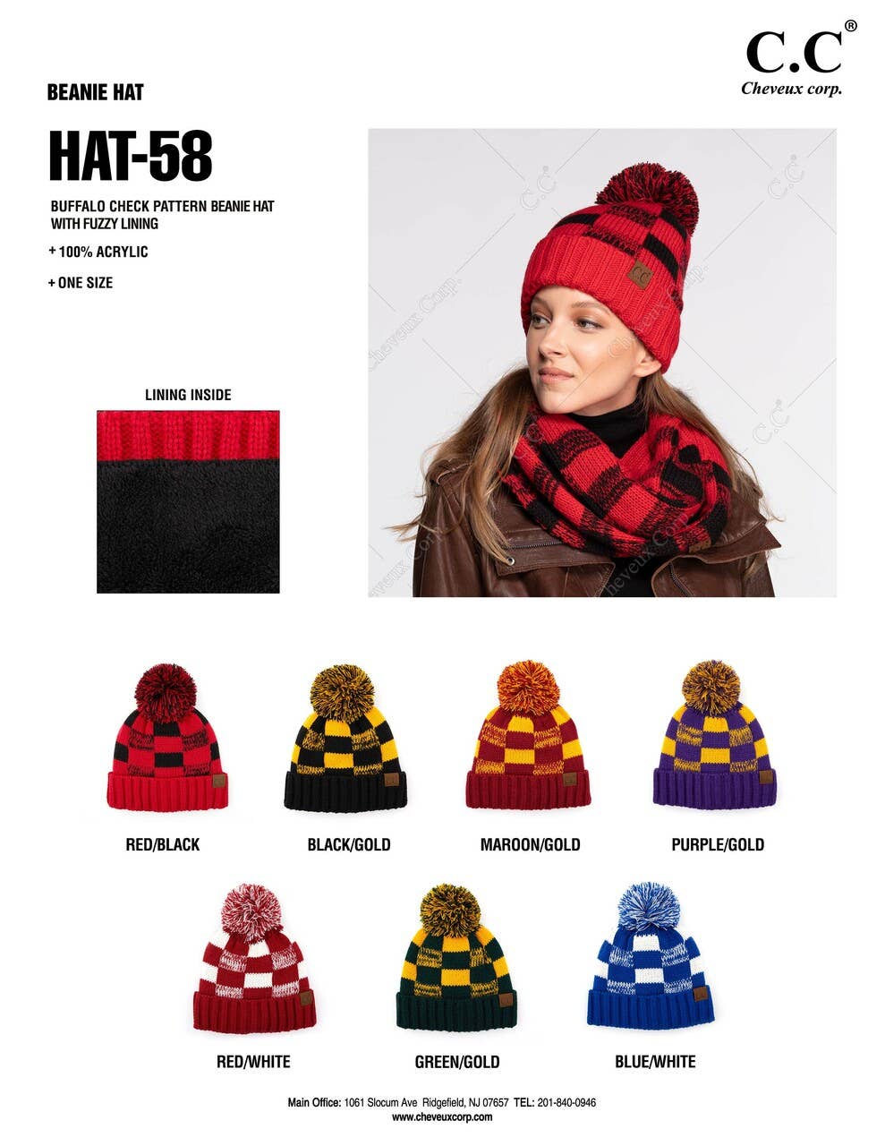C.C Buffalo Check Team Color Beanie with Pom Winter Beanie