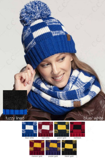 C.C Buffalo Check Team Color Beanie with Pom Winter Beanie