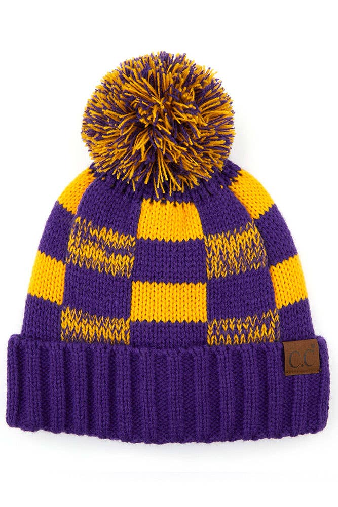 C.C Buffalo Check Team Color Beanie with Pom Winter Beanie