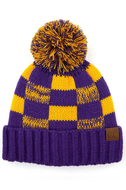 C.C Buffalo Check Team Color Beanie with Pom Winter Beanie