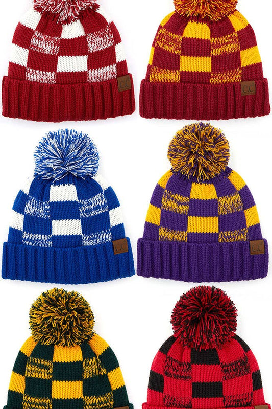 C.C Buffalo Check Team Color Beanie with Pom Winter Beanie