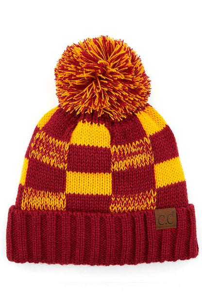C.C Buffalo Check Team Color Beanie with Pom Winter Beanie